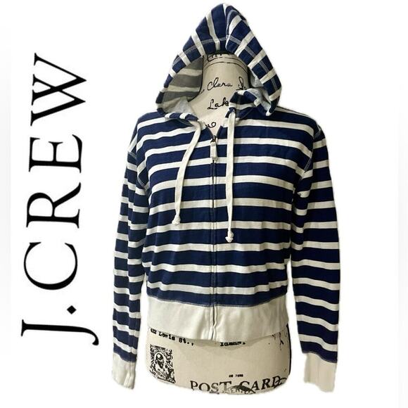 J.CREW HOODIE CROPPED 100% COTTON NAVY/IVORY SZ XS NAUTICAL SAILOR CORE - Picture 1 of 11